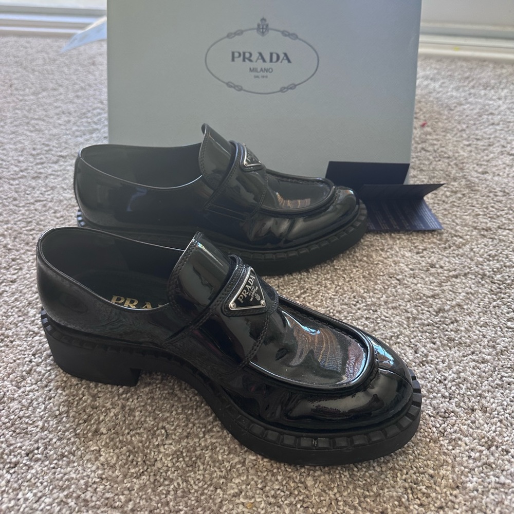 Prada black patent leather loafers black 37.5 With Box